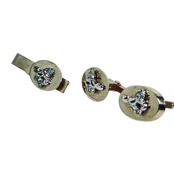 Gold Tone Oval Tie Clip & Cufflinks Set W/ Rhinestone Embellished Design (1047) - Picture 1 of 9